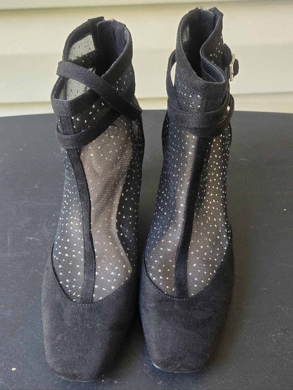 Black Mesh and Suede Ankle Heels with Ankle Strap
